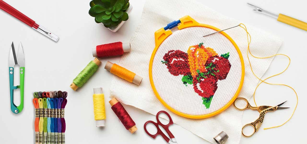 Embroidery supplies flat lay