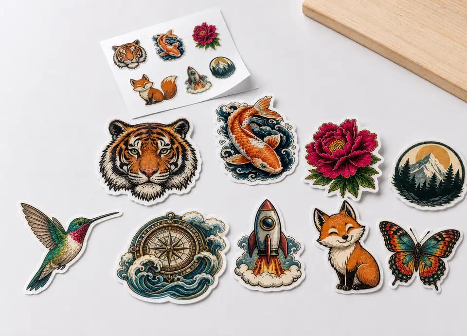 Nine finished die-cut vinyl stickers on a white surface — a tiger's head, koi fish, magenta peony, circular mountain scene, hummingbird, nautical compass, rocket, fox and butterfly — beside a printed sticker sheet.