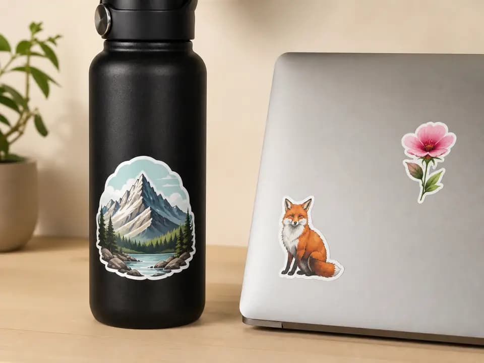 A black water bottle and a laptop lid, each wearing finished custom vinyl stickers.