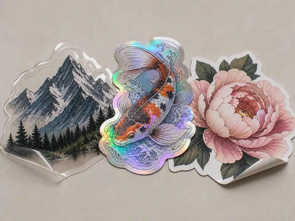 Clear, holographic and matte finished custom stickers photographed on a studio surface