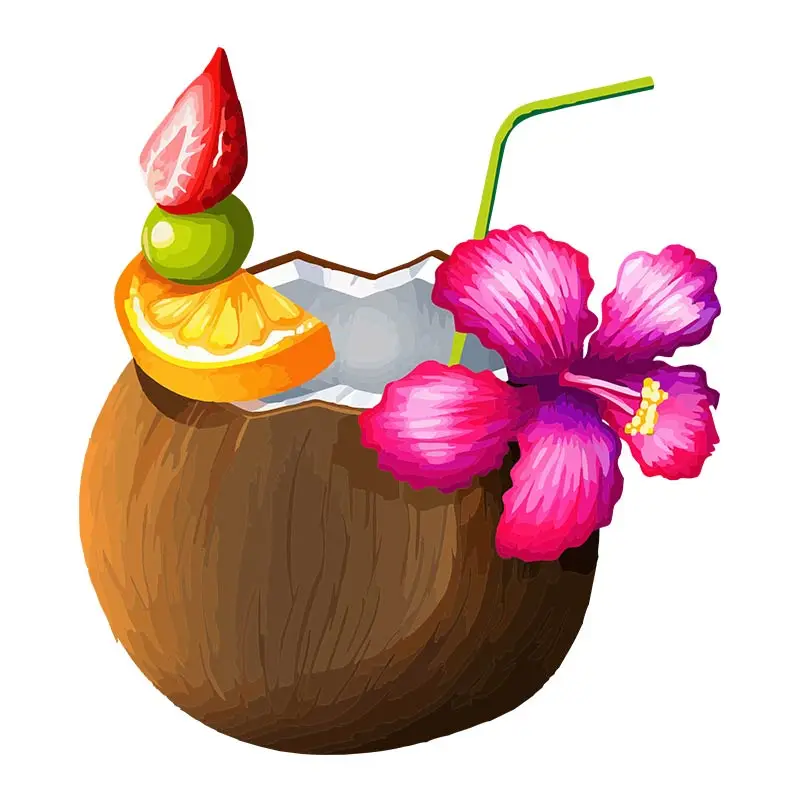 Tropical Coconut Drink Orchid with Flowers Vector Art