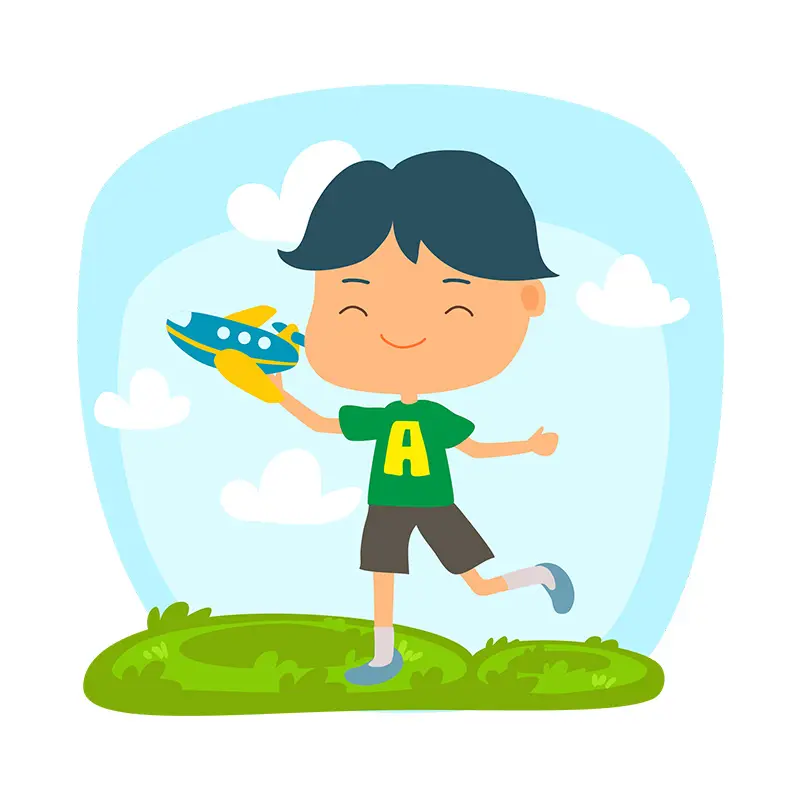 Triumphant Kid Playing with Airplane Toy Vector Art