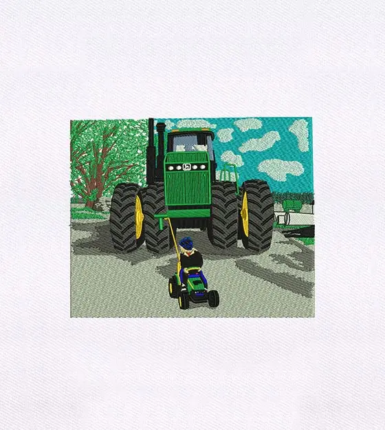 Young Boy and Green Tractor Embroidery Design