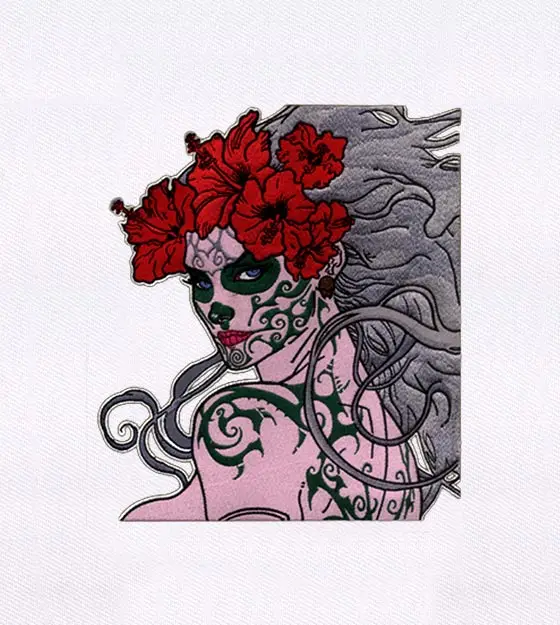Flower and Tattoo Adorned Woman Embroidery Design