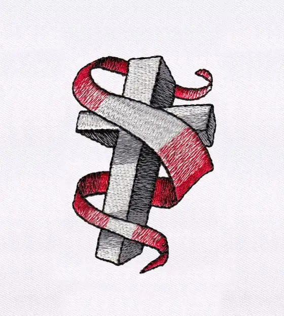 Red Ribbon Swirling Cross Embroidery Design