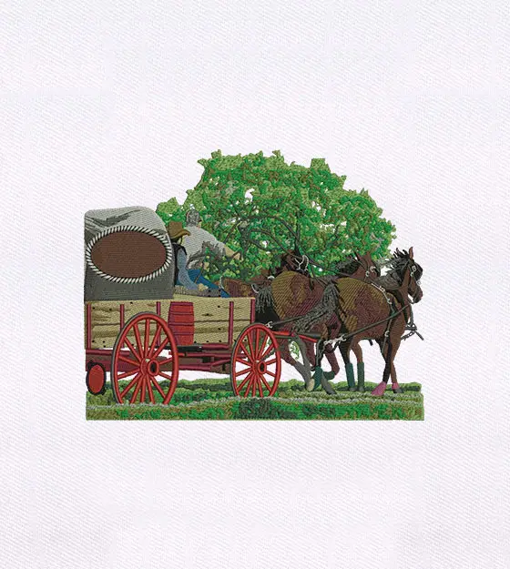 Horse Carriage and Cowboys Scenery Embroidery Design