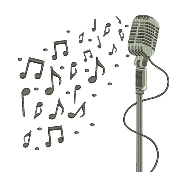 Vintage Microphone with Music Notes Embroidery Design