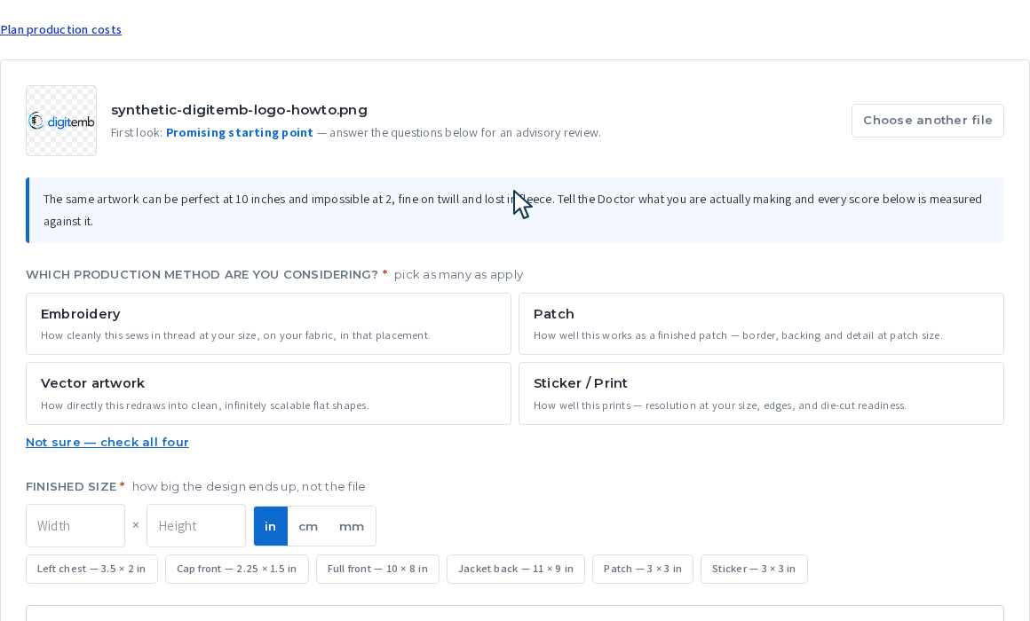 The upload box with a logo dropped in and the first-look result