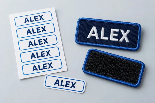 Blue and white ALEX name stickers beside a matching navy embroidered name patch and a dark backing illustration