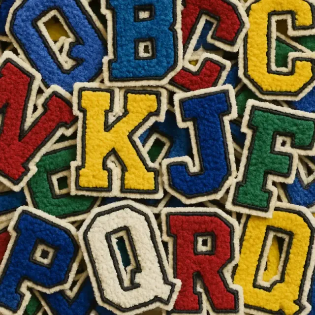 Overlapping chenille letter patches in blue, yellow, red, green and white with dark outlines and pale borders