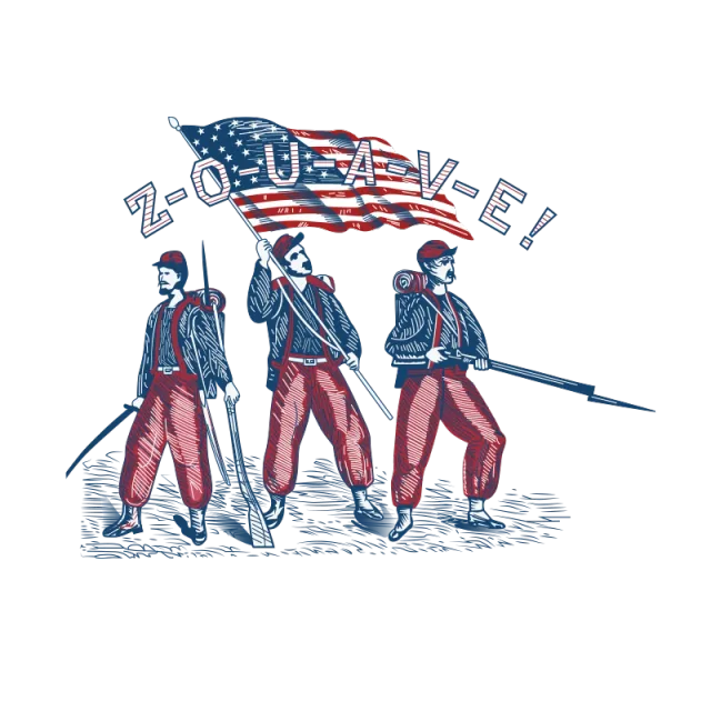 Red and navy vector illustration of three historical soldiers carrying a flag