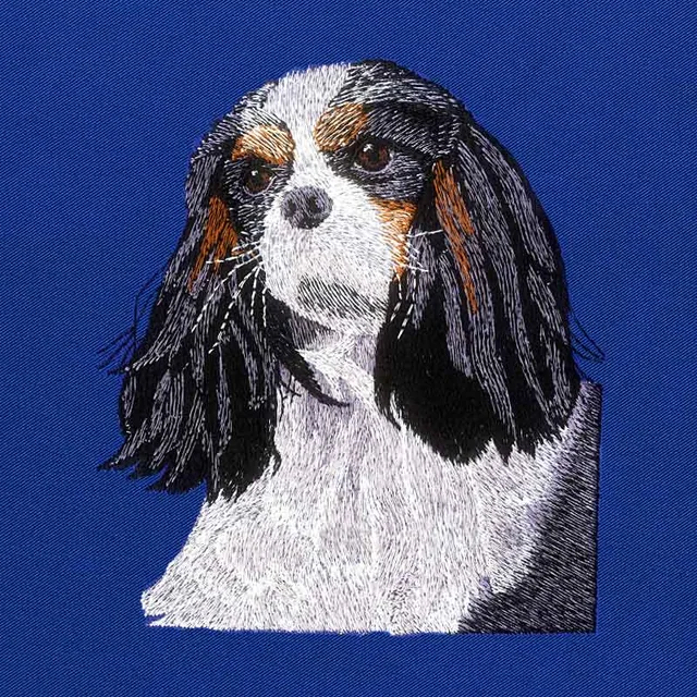 Black, white and tan spaniel portrait with visible thread texture on blue fabric