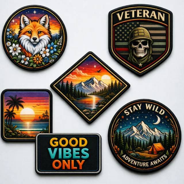 Assorted patch illustrations showing a fox, mountain landscapes, a sunset, a veteran emblem and colorful lettering