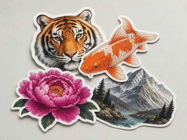 Four large die-cut stickers overlapping on a pale surface: a tiger's head, an orange koi, a magenta peony and a mountain river scene, each with a white contour border.