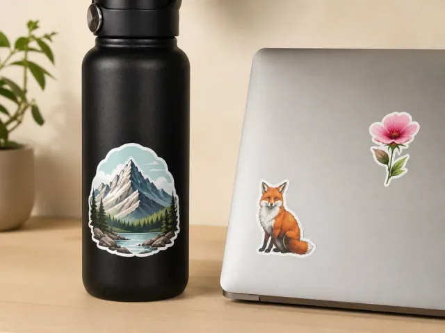 A black water bottle and a laptop lid, each wearing finished custom vinyl stickers.
