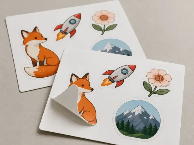 Kiss-cut custom stickers on intact backing cards with one sticker peeling from the liner