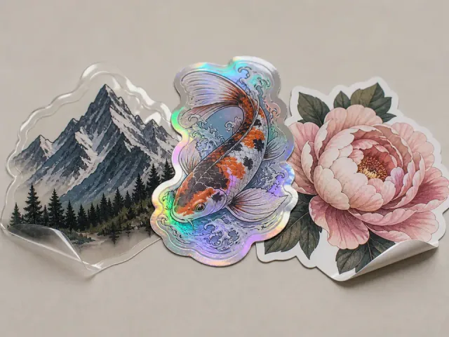 Clear, holographic and matte finished custom stickers photographed on a studio surface