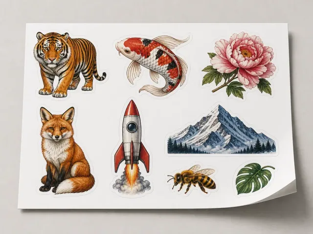 White sticker sheet with illustrated tiger, koi fish, pink flower, fox, rocket, mountain, bee and green leaf designs