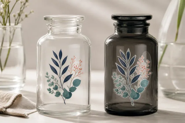 Clear stickers compared on transparent and charcoal glass containers