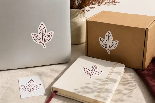 One neutral botanical emblem repeated consistently across practical surfaces