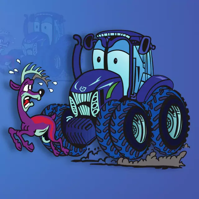 Cartoon blue tractor with expressive eyes beside a startled purple horse on a blue background