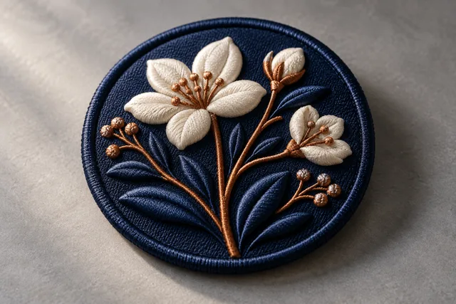 Un écusson brodé fini avec un motif géométrique marqué en point satin sur mousse, nettement en relief