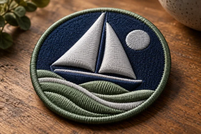 Un écusson brodé fini avec un motif géométrique marqué en point satin sur mousse, nettement en relief
