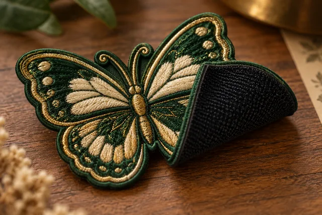 Um patch original parcialmente virado para mostrar claramente o verso de fixação ao lado da frente decorada