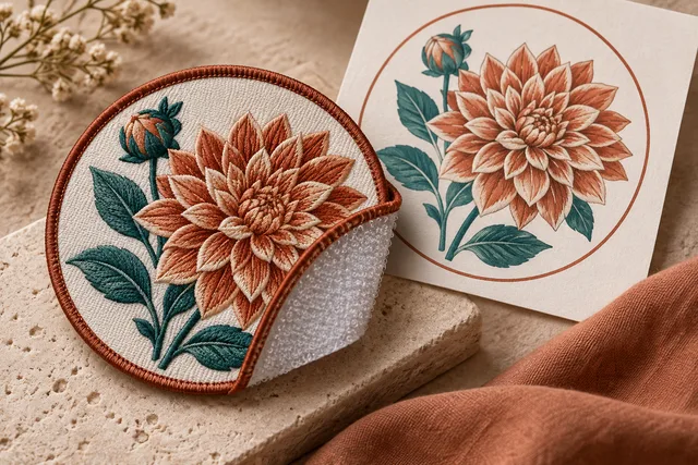 Um patch original parcialmente virado para mostrar claramente o verso de fixação ao lado da frente decorada