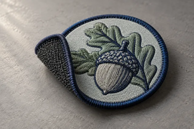 Um patch original parcialmente virado para mostrar claramente o verso de fixação ao lado da frente decorada