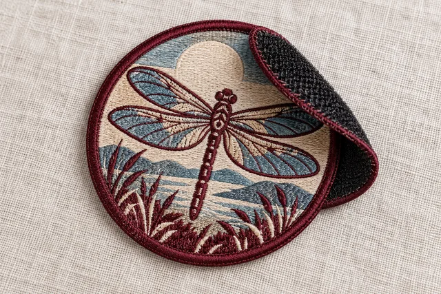 Um patch original parcialmente virado para mostrar claramente o verso de fixação ao lado da frente decorada