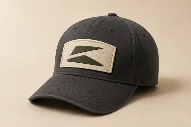 Écusson de montagne rectangulaire cousu sur une casquette de baseball anthracite