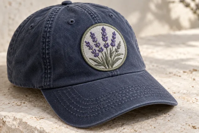 Un écusson brodé original soigneusement fixé sur une casquette, un sac ou une veste, avec coutures et texture du matériau visibles