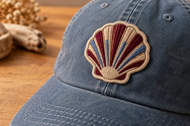 Un écusson brodé original soigneusement fixé sur une casquette, un sac ou une veste, avec coutures et texture du matériau visibles
