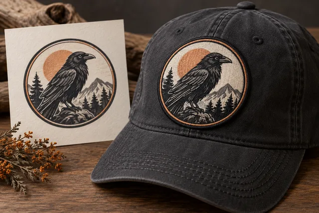 Un écusson brodé original soigneusement fixé sur une casquette, un sac ou une veste, avec coutures et texture du matériau visibles