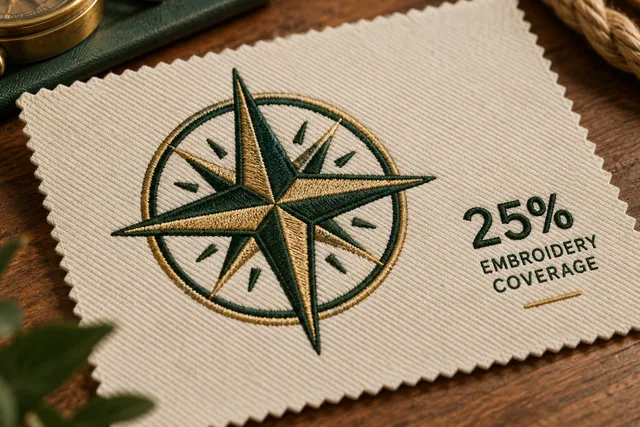 An illustrative embroidery coverage sample for 25% Embroidery Coverage, showing a simple thread-filled motif and exposed twill around it