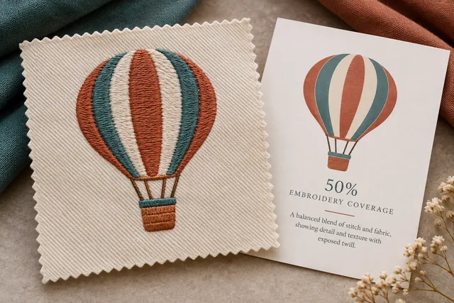 An illustrative embroidery coverage sample for 50% Embroidery Coverage, showing a simple thread-filled motif and exposed twill around it