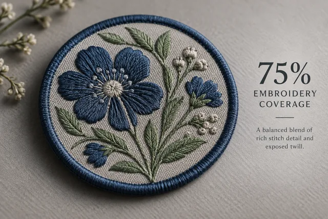 An illustrative embroidery coverage sample for 75% Embroidery Coverage, showing a simple thread-filled motif and exposed twill around it