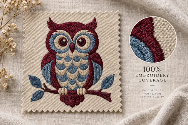 An illustrative embroidery coverage sample for 100% Embroidery Coverage, showing a simple thread-filled motif and exposed twill around it