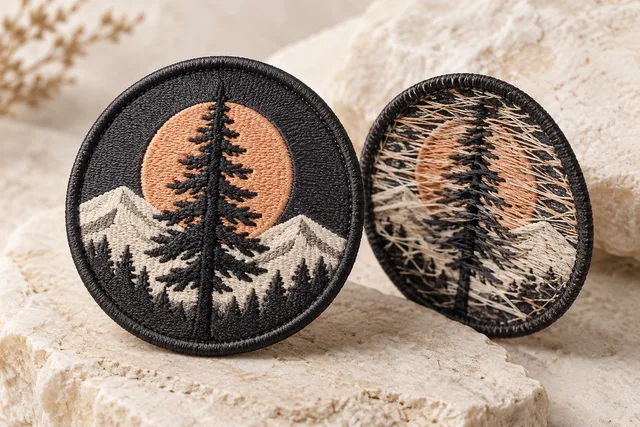 A textile patch photographed front and back to demonstrate No Backing, attachment structure clearly visible