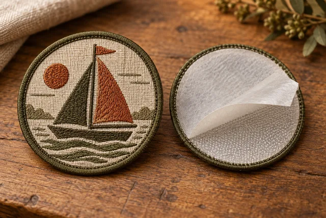 A textile patch photographed front and back to demonstrate Iron On Backing, attachment structure clearly visible