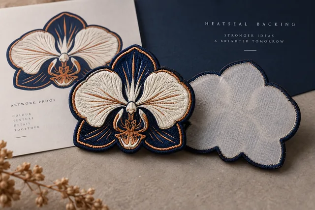 A textile patch photographed front and back to demonstrate HeatSeal Backing, attachment structure clearly visible