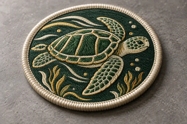 A detailed macro product photograph demonstrating Merrow Border on a finished textile patch