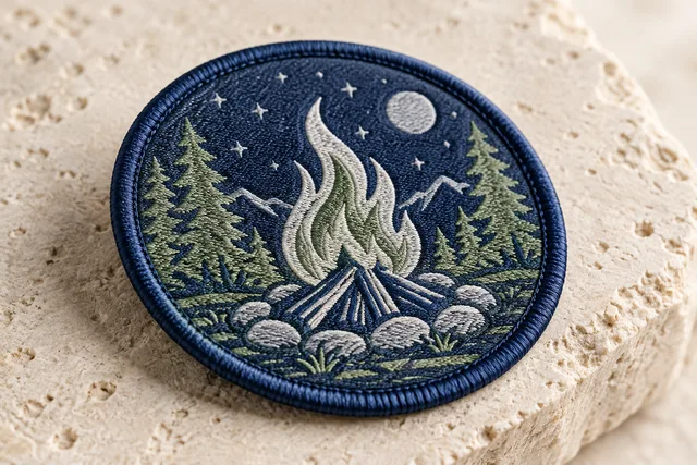 A detailed macro product photograph demonstrating Heat Cut Border on a finished textile patch