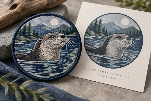 Embroidered patch featuring a otter design