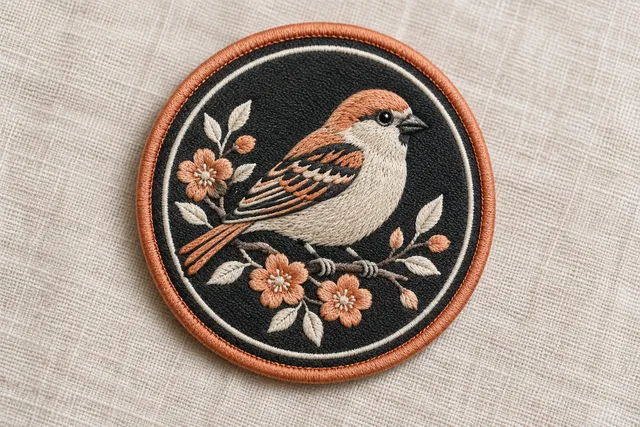 Embroidered patch featuring a sparrow design