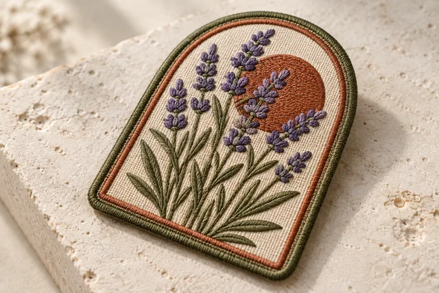 Embroidered patch featuring a lavender design