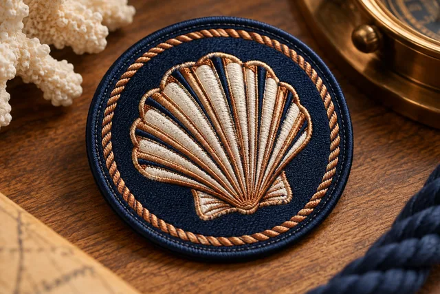 Embroidered patch featuring a seashell design