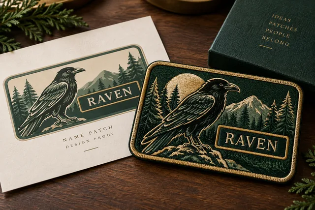 Embroidered patch featuring a raven design