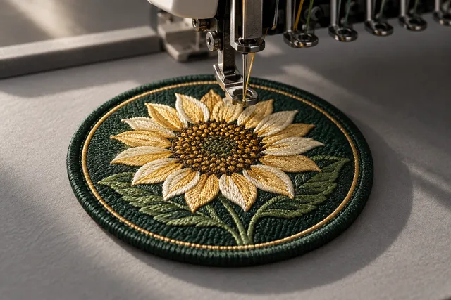 A close-up inspection of a freshly stitched original patch at an embroidery machine